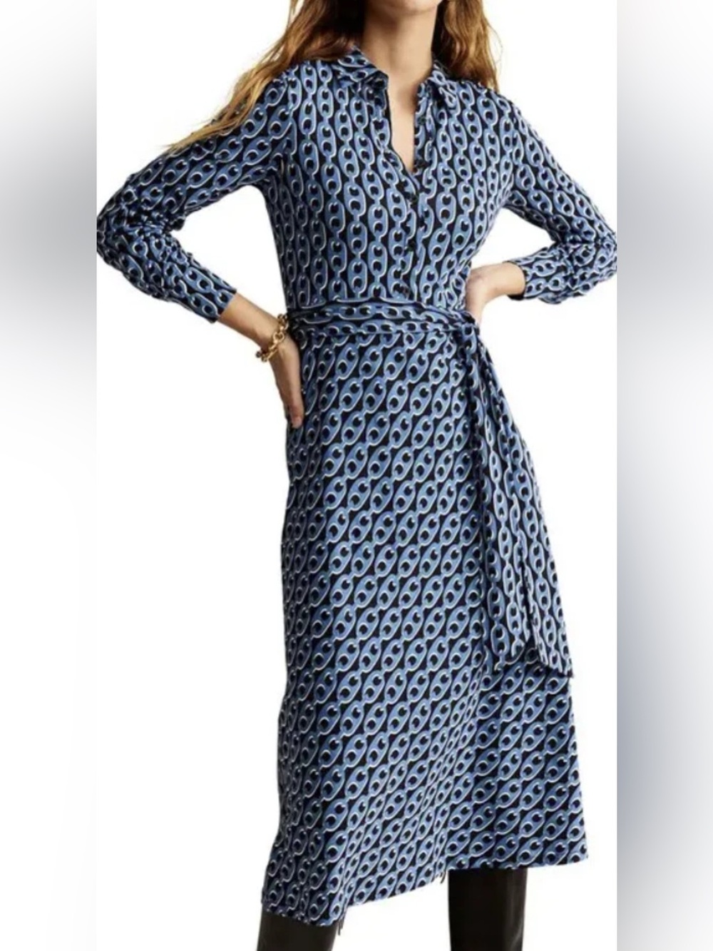 Boden Laura Jersey Midi Shirt Dress Azure Geo Chain Size US 8L